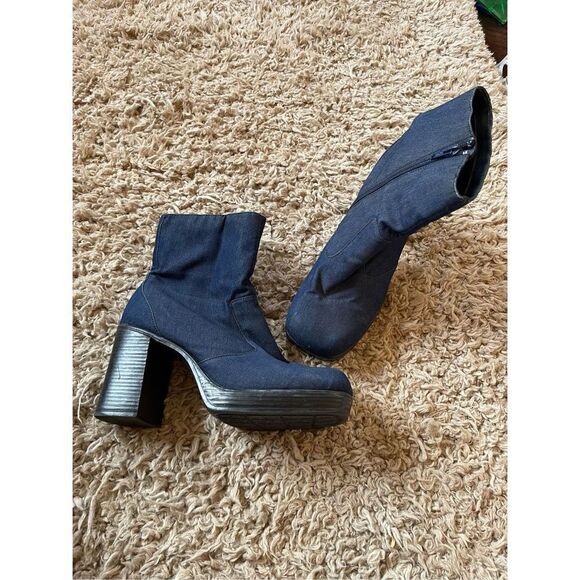 Vintage y2k denim chunky square toe heeled boots size 8‎ - Picture 1 of 5